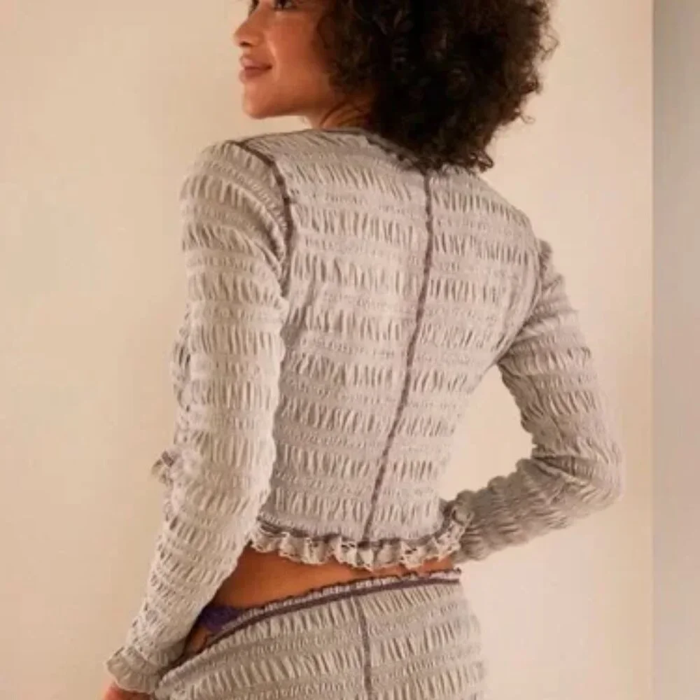 Free People Fp One Meriel Smocked Top Ruched Lace Frosted Denim XS
